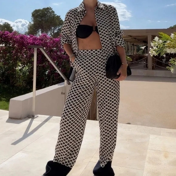 Chic Satin Blouse Long Sleeve Lapel Shirt+Elastic Waist Casual Trousers 2 set - Picture 3 of 5